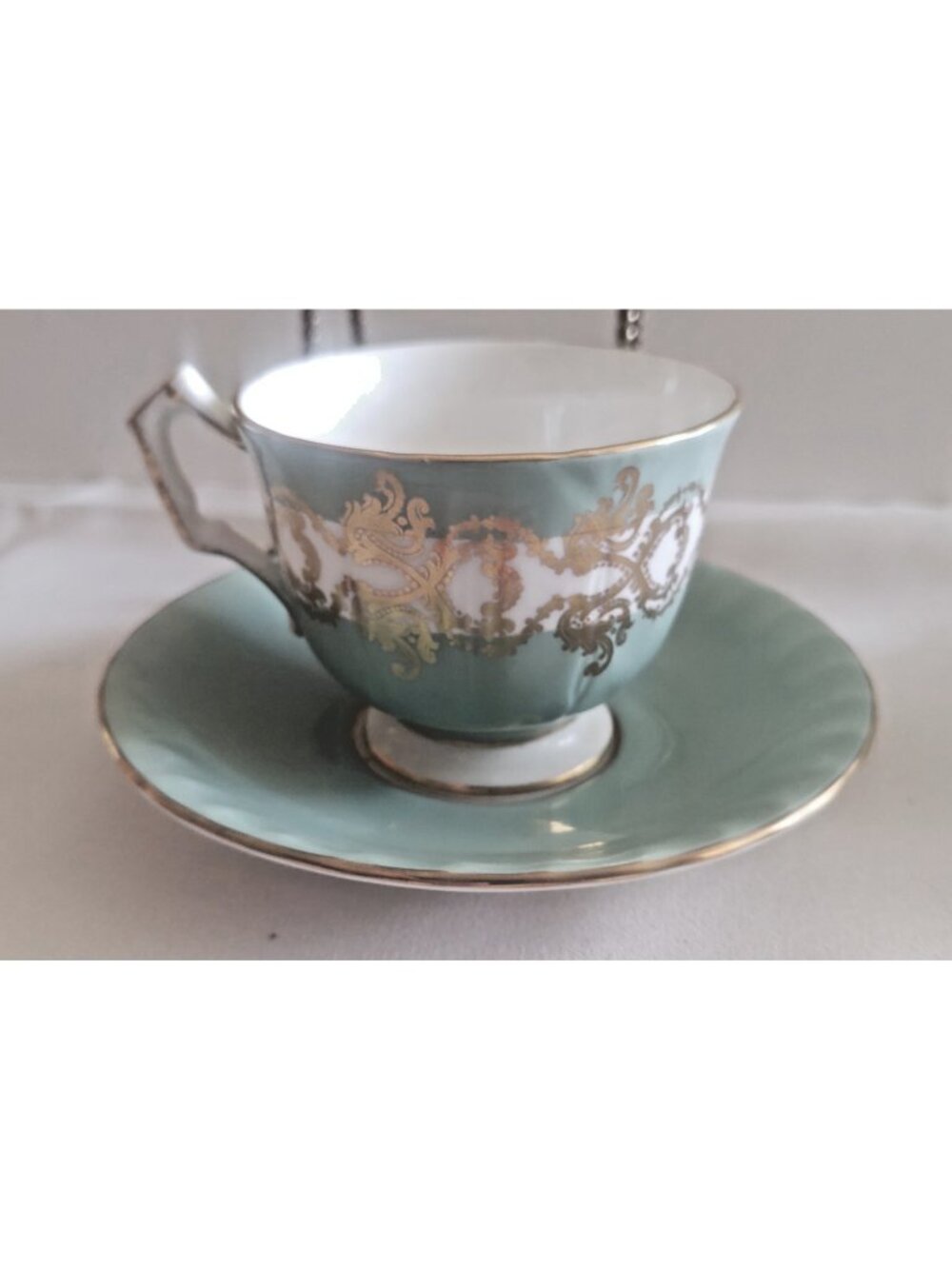 Vintage Aynsley Bone China Tea Cup & Saucer Set Olive Sage Green & Gold #1215
